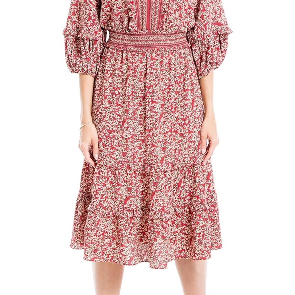 Max Studio Pink and Red Midi Sundress with Bishop Sleeves